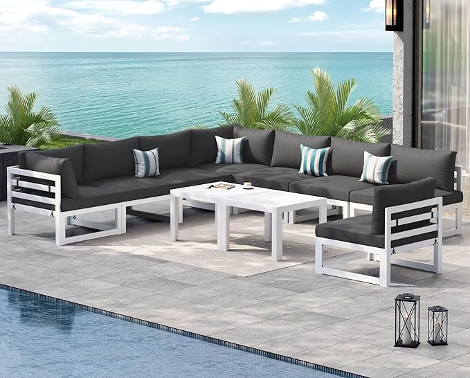 NICESOUL L Shaped Modern Aluminum Outdoor Patio Furniture Set, 29" XL Large Wide Deep Sitting, Fade Resistant Modular Sectional Sofa Set of 10, 500 lbs Sturdy Conversation Set for Backyard, Dark Gray