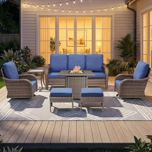 Patio Furniture Set - 7 Pieces All Weather Wicker Outdoor Furniture with 2 Swivel Chairs, 2 Ottomans, 1 Sofa, Side Table and Fire Pit Table, Ergonomic Design for Porch, Deck, and Backyard(Blue)