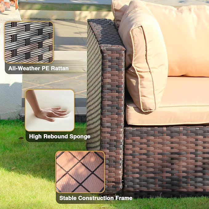 3 Piece Patio Furniture Set All Weather PE Rattan Outdoor Sectional Sofa Couch with No-Slip Cushions and Glass Top Table for Garden, Poolside, Backyard (Beige)