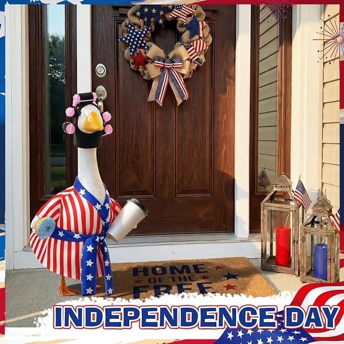 Shyyween Patriotic 4th of July Porch Goose Outfit 23 Inch American Lady Goose Statue Clothes Red White and Blue Bathrobe Coffee Cup Curlers 250th Anniversary Garden Lawn Decor