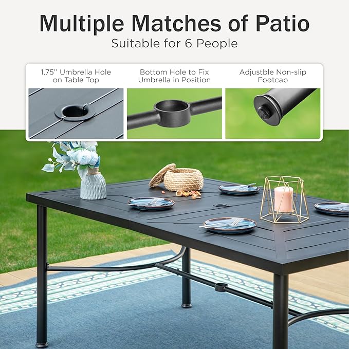 PHI VILLA 7 Piece Patio Dining Set, Outdoor Table and Chairs Furniture Dining Set with 6 Padded Swivel Chairs and 1 Large Metal Table, Patio Set for Lawn Garden Deck
