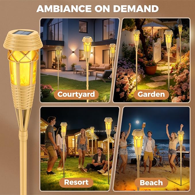 Solar Flickering Flame Torch Lights 2Pack - IP65 Waterproof Dusk to Dawn Auto On/Off, Outdoor Decorative Lights for Garden Yard