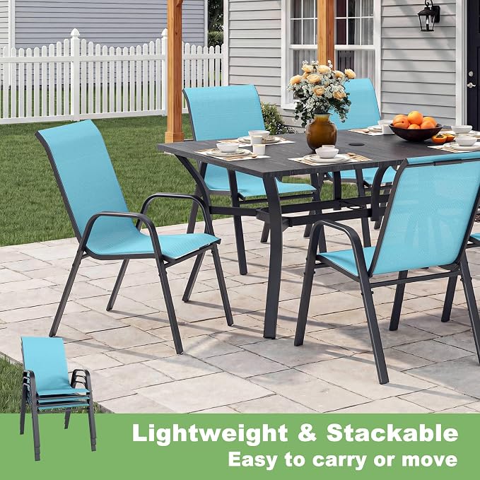 Outdoor Dining Set for 6, Patio Metal Table and Chairs Set with 1.97'' Umbrella Hole, 7pcs Patio Furniture Set 63”x37.8” Dining Table Set with Stackable Chairs for Backyard Pool Deck
