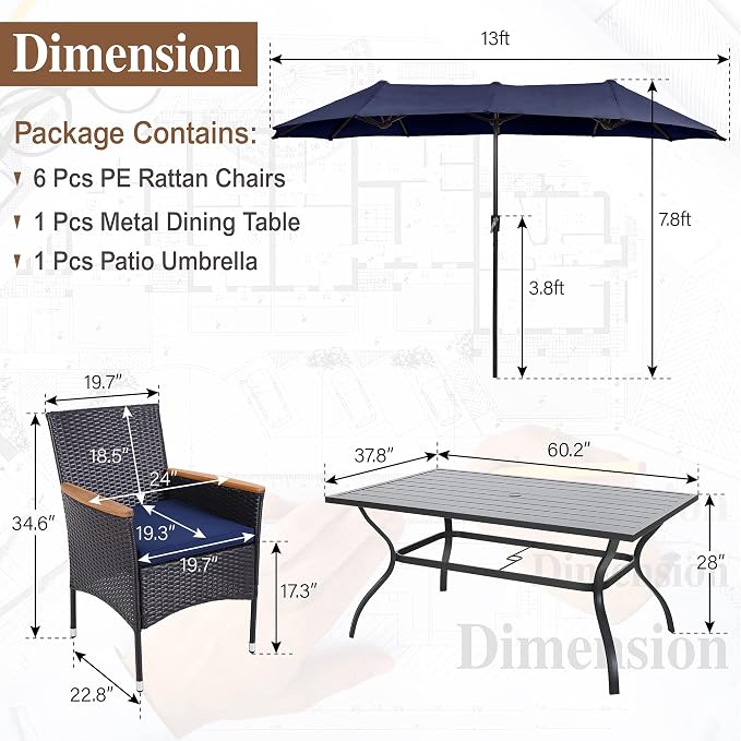 Sophia & William 7 Pieces Patio Dining Set with 13ft Navy Patio Umbrella, Outdoor Dining Set for 6 People, 60" Metal Patio Table and Rattan Chairs, Outdoor Patio Furniture with Seat Cushion