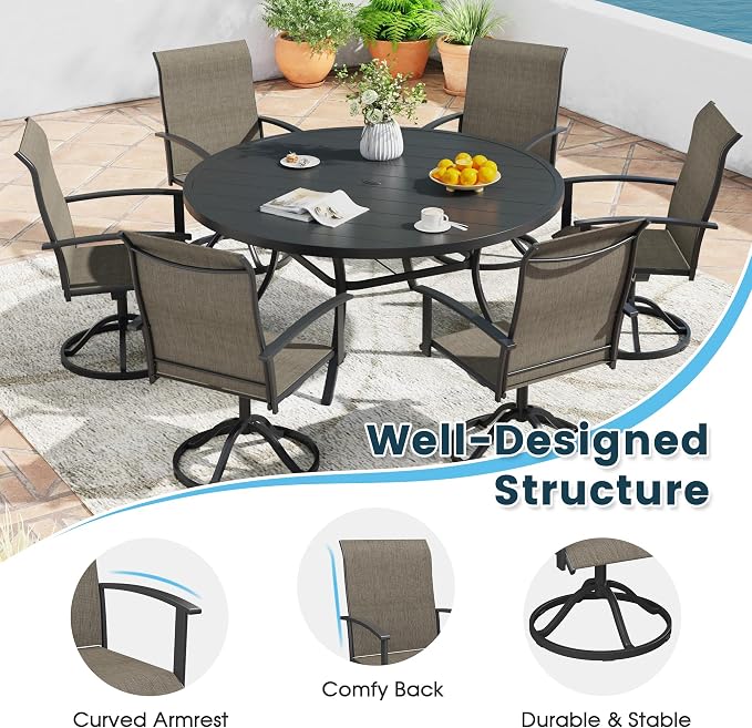 9 Pieces Outdoor Patio Dining Table Set, 63" All Weather Round Metal Table with Umbrella Hole and 8 High Back Textilene Swivel Chairs for Garden, Lawn, Poolside, Black Table & Brown Chairs