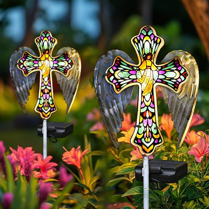 YJFWAL Solar Glass Cross Garden Stake Light, Cemetery Decorations for Grave Outdoor Lights, Easter Jesus Cross Angel Wings Sympathy Memorial Gifts, for Garden Lawn Yard Patio Decor