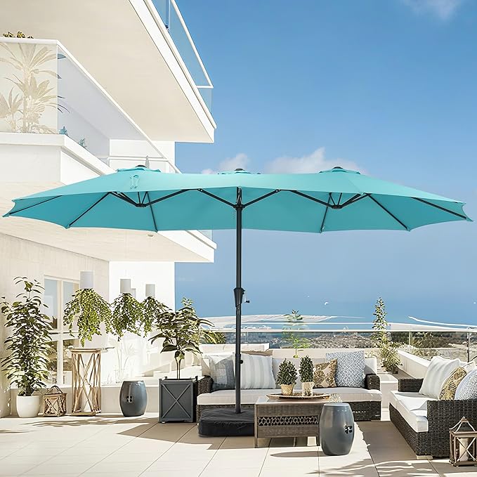 15 ft Patio Umbrella with Base, Large Rectangle Outdoor Umbrella with Matching Stand, Strap, Crank, Blue