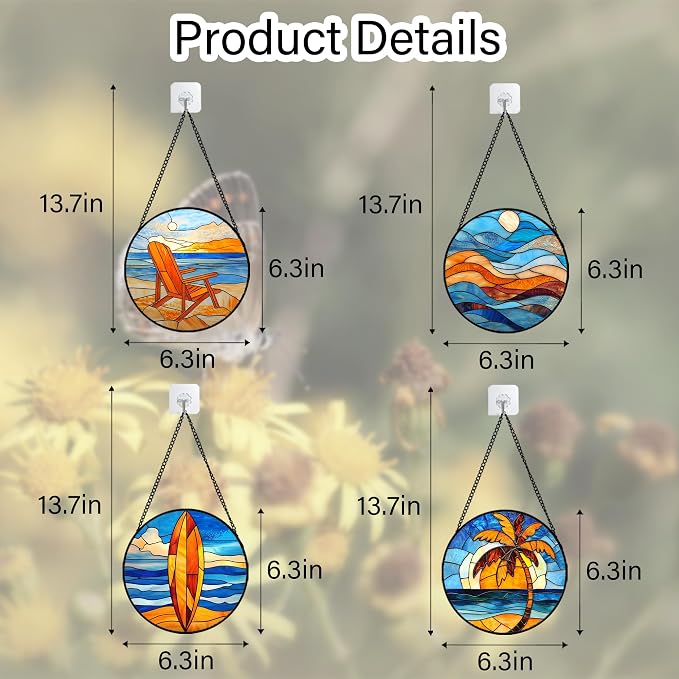 DASTOLL Stained Glass Window Hanging 4 Pcs Set Blue Orange Ocean Beach Theme 6.3" - Suncatcher Door Garden Sun Catcher Decor Birthday Christmas for Mom Woman Nana Men Wife