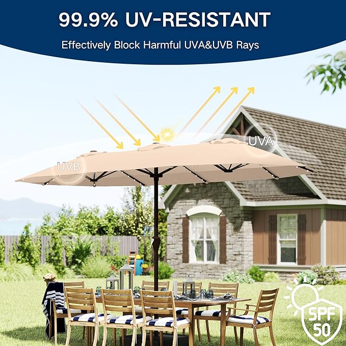Large Patio Umbrella with Solar Lights and Base, Double-Sided Outdoor Rectangle Umbrella with 48 LED Lights, Market Table Umbrellas with UV Resistant Canopy
