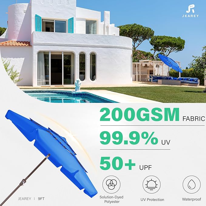 JEAREY 3 Tiers 9 FT Patio Umbrellas Outdoor Table Umbrella with Push Button Market Umbrella 8 Sturdy Ribs UV Protection Waterproof for Garden,Royal Blue