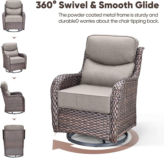 Swivel Patio Chairs sofa Set of 2 with 6" Thick Cushion - Wicker Outdoor Swivel Rocker Patio Chair ,Sofa/Glass coffee table, High Back Comfortable Outdoor Glider Chairs - Brown Wicker | Grey Cushions
