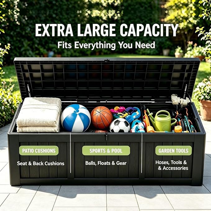 270 Gallon Outdoor Storage Box, Waterproof Resin Deck Container with Lockable Lid, Patio Organizer for Cushions & Garden Tools, Matte Black