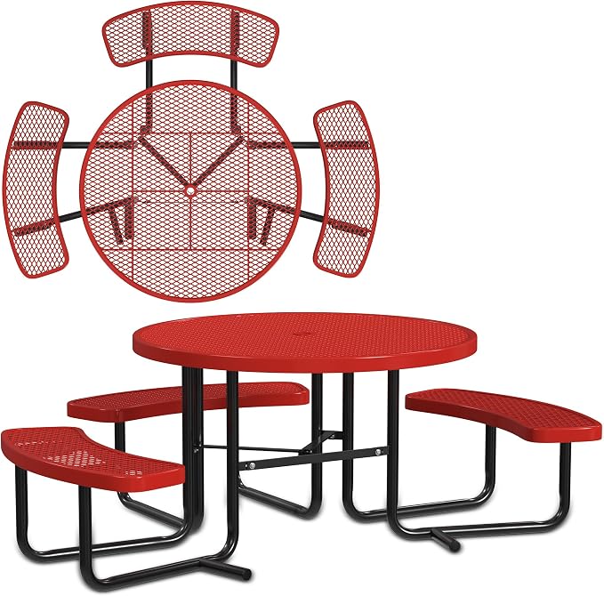 Leisure Craft Metal Picnic Table with Bench - 46" Round Outdoor Dining Table with Umbrella Hole, Heavy Duty Thermoplastic Coating, ADA Compliant, Commercial Grade Furniture Made in USA - Red