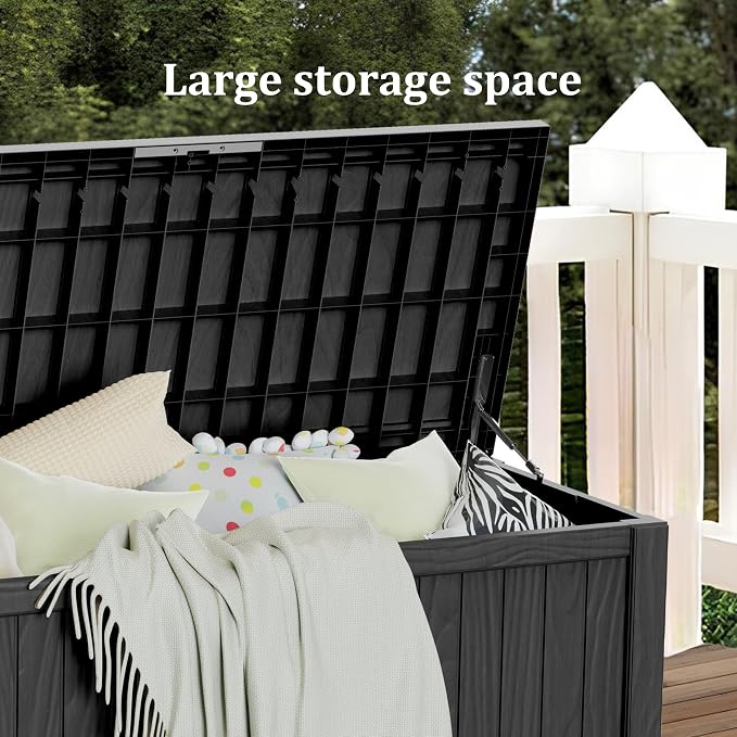 Outdoor Storage Box, 150 Gallon Resin Deck Box Waterproof for Patio Furniture, Garden Tools and Pool Accessories, Lockable UV-Resistant Storage Bin Bench Cabinet for Outside, Black