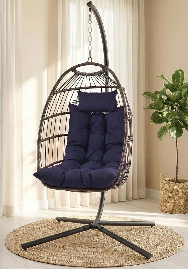 SereneLife Hanging Egg Chair with Stand | Foldable Rattan Wicker Hammock Chair for Patio, Balcony, and Bedroom Use with UV & Weather Resistant Cushion | 350 lb Capacity | 3" Padded Headrest Included