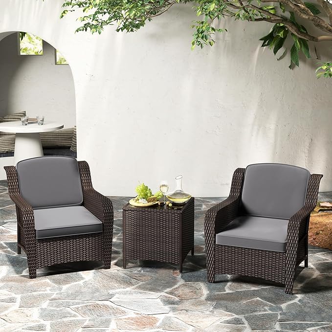 Tangkula 3 Pieces Outdoor Patio Furniture Set, Patiojoy PE Rattan Wicker Chairs with Cushions and Tempered Glass Coffee Table, Outdoor Wicker Conversation Bistro Set for Porch, Balcony, Garden (Gray)