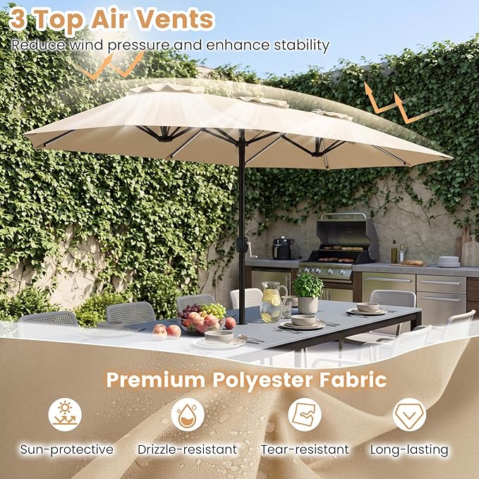 Tangkula 13 Ft Solar Patio Umbrella, Double-Sided Extra Large Outdoor Market Table Umbrella with 108 Multi-Colored Flowing LED Lights, Crank Handle, 12 Sturdy Ribs for Poolside, Garden & Backyard (Beige)