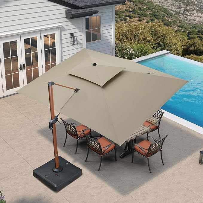 PURPLE LEAF 10' X 13' Patio Large Cantilever Umbrella Outdoor Rectangle Wood Umbrellas Offset Umbrella Heavy Duty Sun Umbrellas for Garden Deck Pool, Heather Taupe
