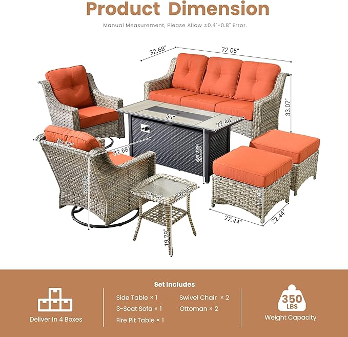 HOOOWOOO Patio Furniture Set,7 Pieces Wicker Outdoor Furniture,High Back Conversation Set with All Weather Resistant Fire Pit Table Couch Swivel Chairs Ottomans,Orange Red