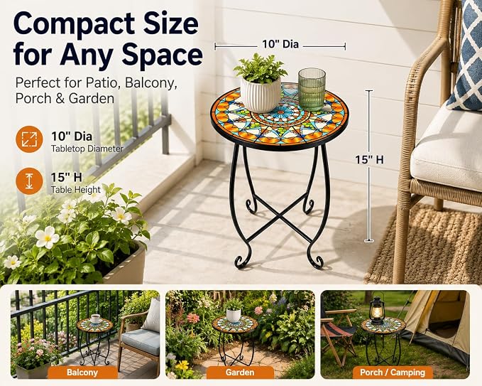 Mosaic Outdoor Side Table Round, 15 Inch Height - Small Patio Table, Foldable Sun Pattern Metal Plant Stand for Garden, Balcony, Porch & Camping