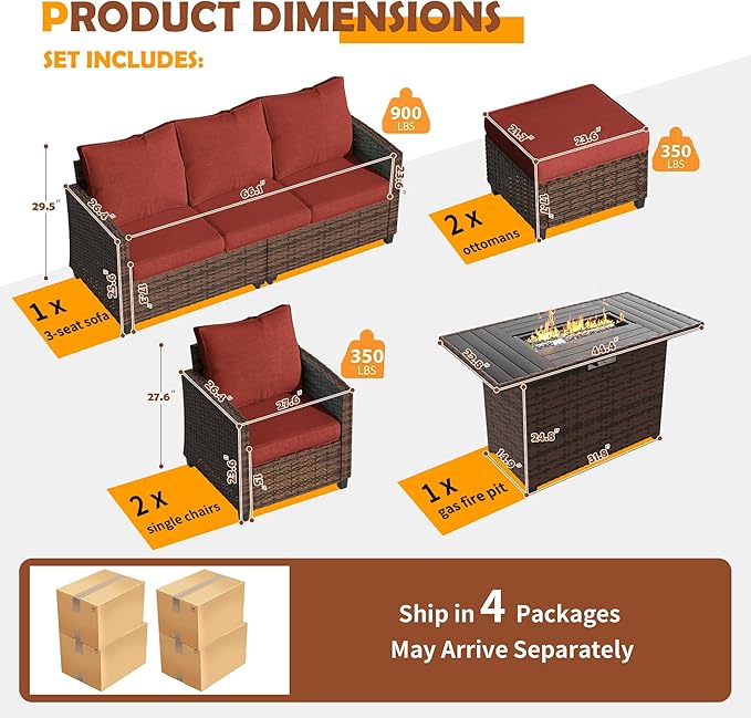 UDPATIO Patio Furniture Set with 44" Fire Pit Table, All-Weather Wicker Rattan Sofa Ottoman, 6 Pieces Outdoor Sectional Conversation Sets with 4" Thick Cushion for Poolside Backyard Deck, Wine Red