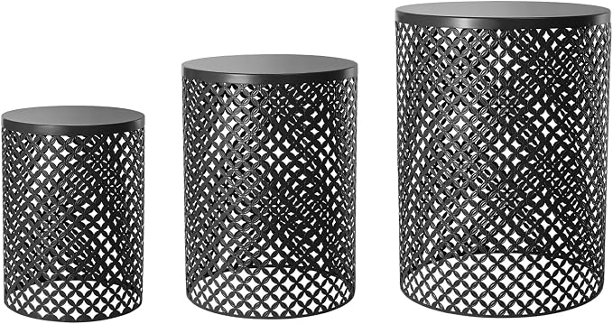 Set of 3 Outdoor Nesting Side Tables, Hollow Metal Frame Patio End Table, Multifunctional Coffee Table & Plant Holder for Backyard, Porch, Pool Sides, Home Indoor Use