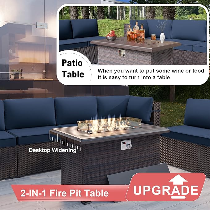 Patio Furniture Sectional Sofa Set 7-Pieces PE Rattan Patio Conversation Set w/43in Gas Fire Pit Table, Outdoor Furniture with 55000 BTU Propane Fire Pit, Black
