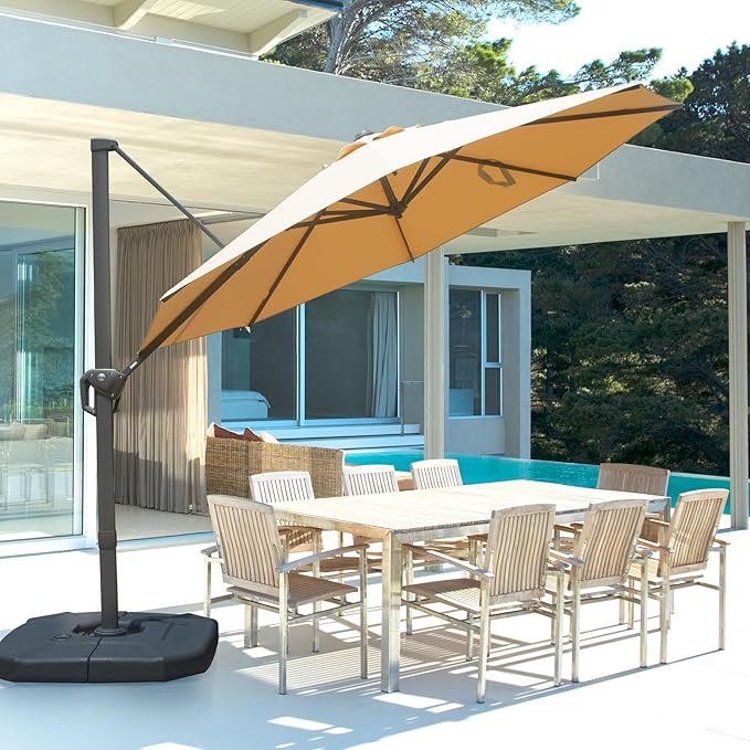 Domi 10FT Cantilever Patio Umbrella, Aluminum Windproof Outdoor Umbrella with 360°Rotation, Round Offset Sun Shade Umbrella for Outside Deck Backyard Garden Pool, Beige