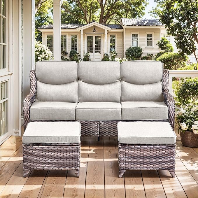 HUMMUH Luxury Patio Furniture Set 6-inch Thick Cushions High Back Swivel Rocker Chairs & 3 Seater-Couch & Steel Fire Pit Table 11 Pieces Outdoor Conversation Set for Porch,Deck,Backyard