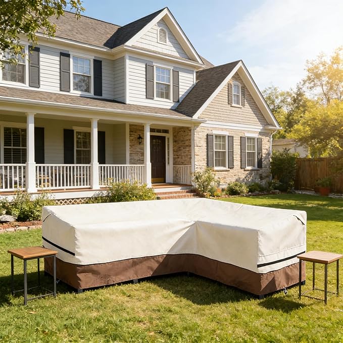 okcool Outdoor Sectional Sofa Cover Waterproof-L-Shaped Patio Furniture Covers for 4-Seater Outdoor Sectional Furniture Couch 85”W (Back Length) x 58”W (Right Side),Beige & Brown