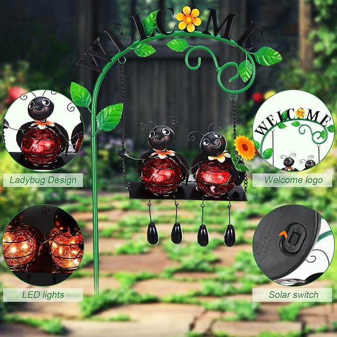 Glooglitter Ladybug Swing Solar Light Metal Summer Ladybug Hanging Animal Lady Bugs Live Garden Decorative Gift with Welcome Sign Waterproof Solar Outdoor Lights for Patio Balcony Pathway Lawn Yard