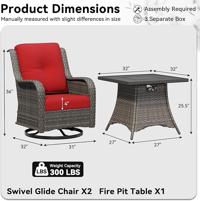 3 Pieces Outdoor Wicker Patio Furniture Set with Fire Pit Table, Swivel Rocker Patio Chairs Set with Thickened Cushions, High Back and Deep Seating, Hand-Woven PE Rattan for Porch, Deck