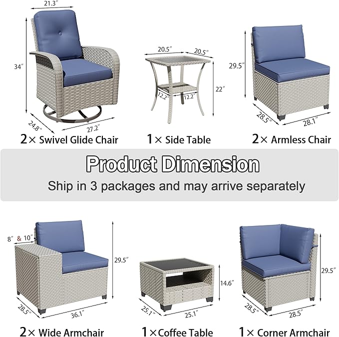 9-Piece Outdoor Patio Furniture Set, Modular Sectional Sofa Set with Swivel Rocker Chairs, Wicker Outdoor Couch Conversation Sets w/Coffee Table and Cushions, Blue