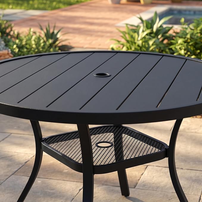 VICLLAX Metal Outdoor Dining Table for 4, All Weather 40.7" Black Round Patio Table with Adjustable Umbrella Hole for Lawn, Garden, Balcony and Poolsides, Black Tabletop