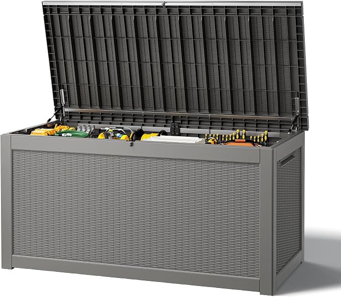 Outdoor Storage Box, Resin Deck Boxes Indoor and outdoor, Waterproof Storage Box Lockable Lid Grey,320 Gallon