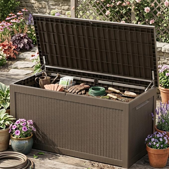 319 Gallon Extra Large Outdoor Storage Box, Waterproof Deck Box with Lockable Lid, Resin Outside Storage Box for Patio Furniture, Pool Accessories,Garden Tools, Storage Bench for Backyard, Gray Coffee