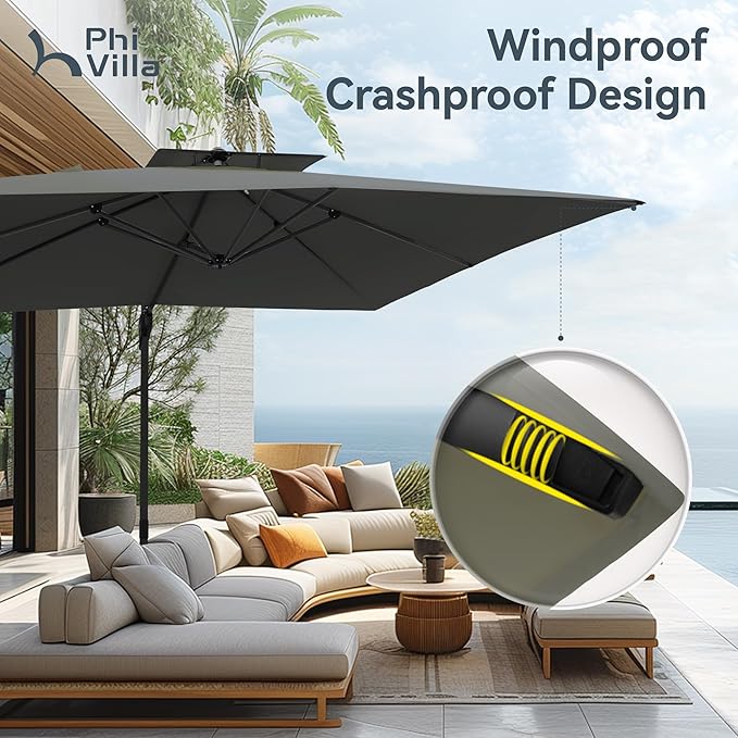 PHI VILLA 9' x 12' Rectangular Cantilever Patio Umbrella with Hydraulic Lift & 360° Rotation – Heavy Duty Windproof Offset Umbrella for Pool, Deck or Garden, Grey