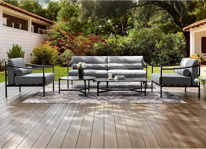 4-Piece Steel Outdoor Patio Conversation Set, All-Weather Garden Furniture with Thick Cushions, Waterproof & Rust-Resistant, Modern Patio Seating for Deck, Balcony, Porch, Backyard - Grey