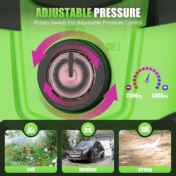 Adjustable Electric Pressure Washer 5000PSI with 33FT Flexible Extension Hose + 34FT Power Cord, 4 Nozzles, Foam Cannon, Best Power Washer for Cars, Patios, Driveways, Green