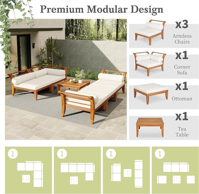 6 Piece Acacia Wood Patio Sofa Set with Tea Table, L-Shaped Modular Sectional Outdoor Garden Furniture Set Conversation Sofa Set Convertible Daybed with 5 Cushions and Pillows, Teak