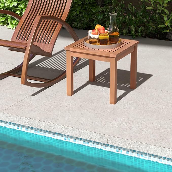 HAPPYGRILL Outdoor Side Table Set, Eucalyptus Wood Square End Table, Wood Patio Table with Slatted Tabletop for Backyard Poolside Porch