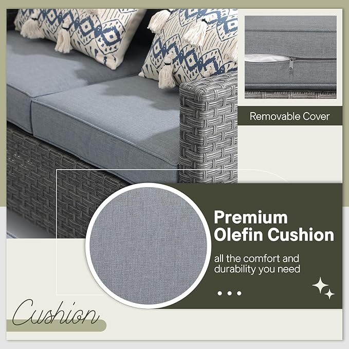 SUNSITT Outdoor Patio Furniture Set 7 Piece Wicker Conversation Set with Lift Coffee Table Sectional Dining Set 3 Seat Sofa Couch with Loveseat Ottoman, Grey Wicker & Grey Cushion