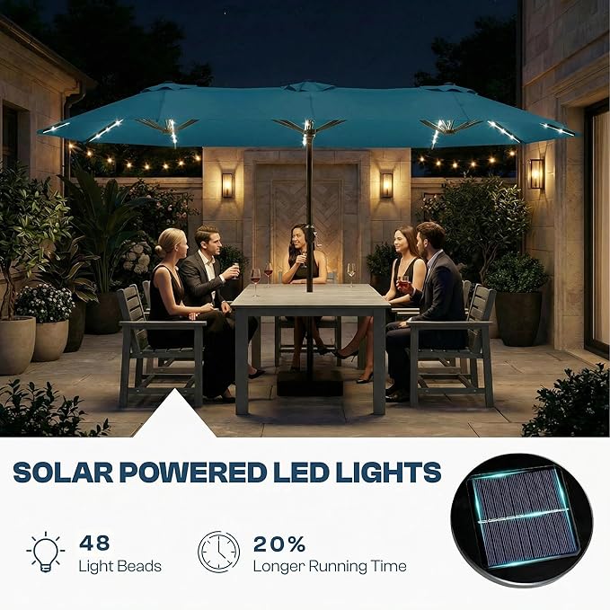 15FT Large Outdoor Patio Umbrella with Solar Lights and Base, Double-Sided Table Umbrellas with 48 LED Lights, Rectangle Market Umbrella for Pool, Deck, Backyard