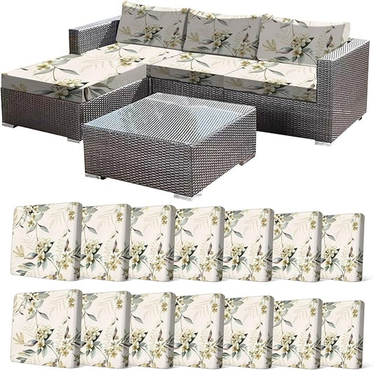CALBODE 14 Pcs Stretch Outdoor Seat Cushion Covers, Washable Chair Seat Cover for Patio Furniture Cushions Soft Indoor and Outdoor Couch Cover Replacement (Beige Botanical, Cover Only)