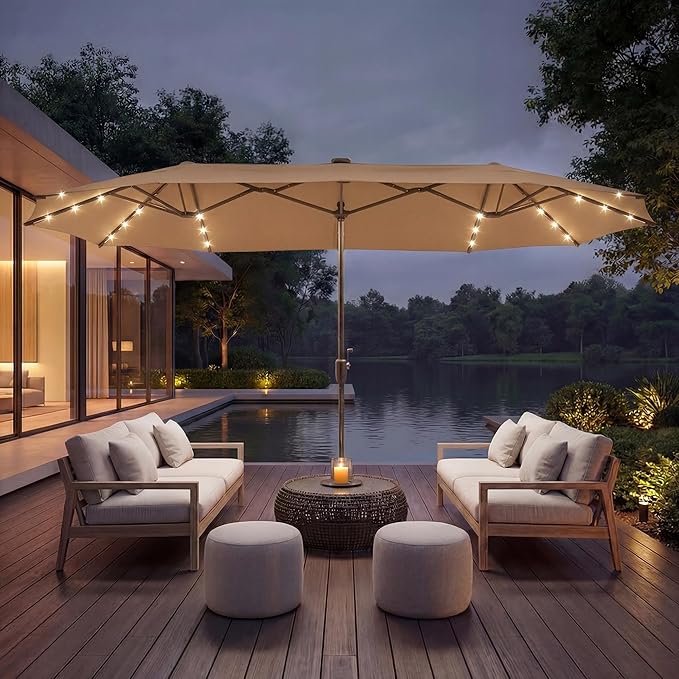 COSIEST 13FT Patio Umbrella with Solar Lights, Outdoor Double-Sided Table Umbrella,Large Rectangular Market Umbrella w Crank Handle for Garden, Pool, Deck Shade, Khaki