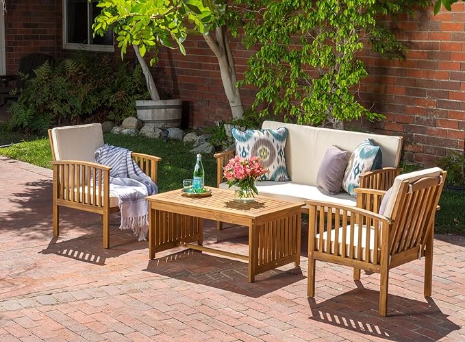 Merax 4 Piece Patio Conversation Table and Chairs Furniture Sets, Acacia Wood Outdoor Dining Couch Sofa for Porch Deck Backyard Lawn Balcony Bistro, Brown