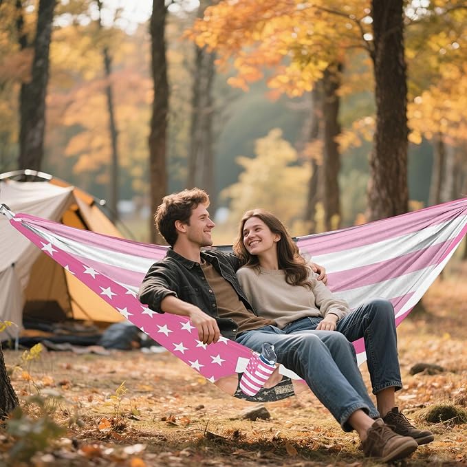 Pink American Flag Custom Outdoor Hammocks with Tree Straps Indoor Hammock for Outside Patio Backyard Poolside