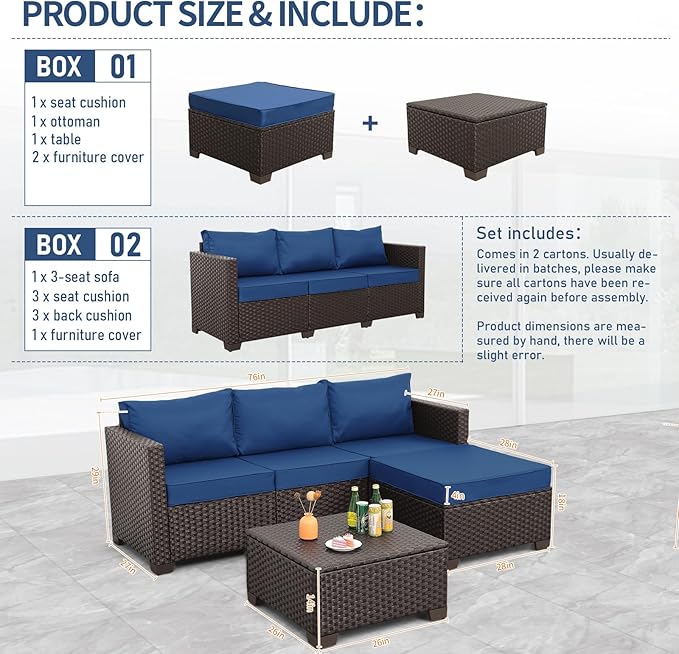 Patio Furniture Set 3 Pieces Outdoor Sectional Sofa Set Wicker Patio Furniture Outdoor Couch Outdoor Ottoman Coffee Table with Storage All-Weather Anti-Slip Cushions Waterproof Covers, Navy Blue
