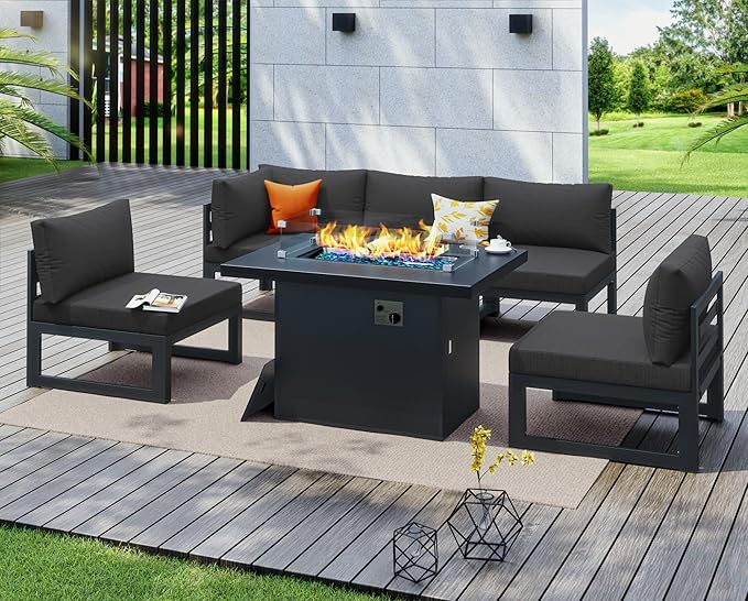 NICESOUL 5 Seat Oversized Modern Aluminum Patio Furniture Set, All Weather Rust Proof Modular Sectional Sofa with Fire Pit Table, 500 lbs Heavy Duty Comfortable Outdoor Couch for Backyard, Dark Gray