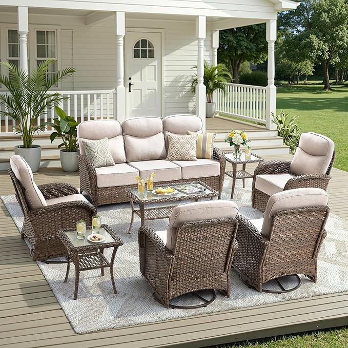 8 Pieces Luxury Outdoor Patio Furniture Set with 6-Inch Thick Cushions, Wicker Outdoor Furniture with High Back Swivel Patio Chairs Set of 4, Patio Conversation Set for Deck Garden Porch, Beige
